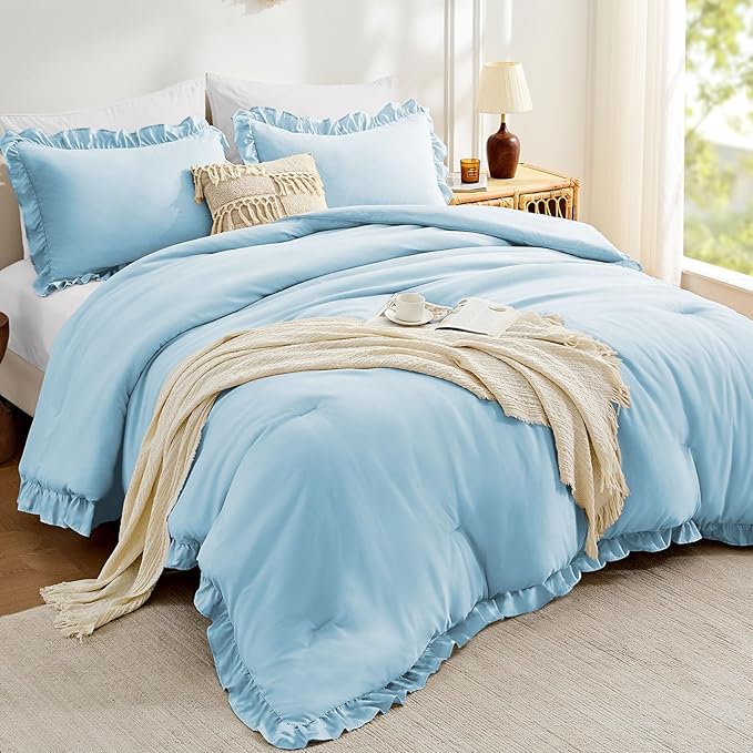 FUANNA Queen Comforter Set Light Blue, 3 Pieces Ruffle Queen Bed Set, Fluffy by FUANNA