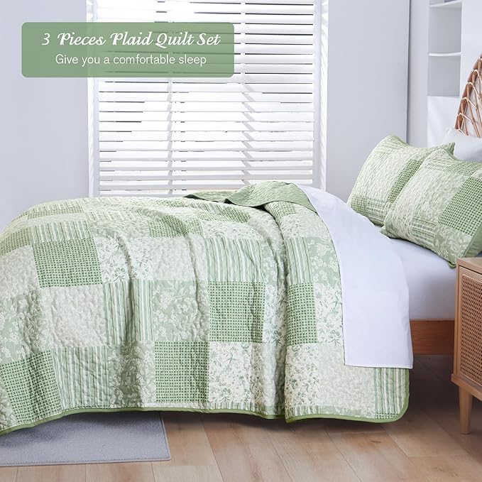 Mybedsoul Light Green Quilt Set Queen Size, 3 Pieces Plaid Floral Bedspread Set - Image 3
