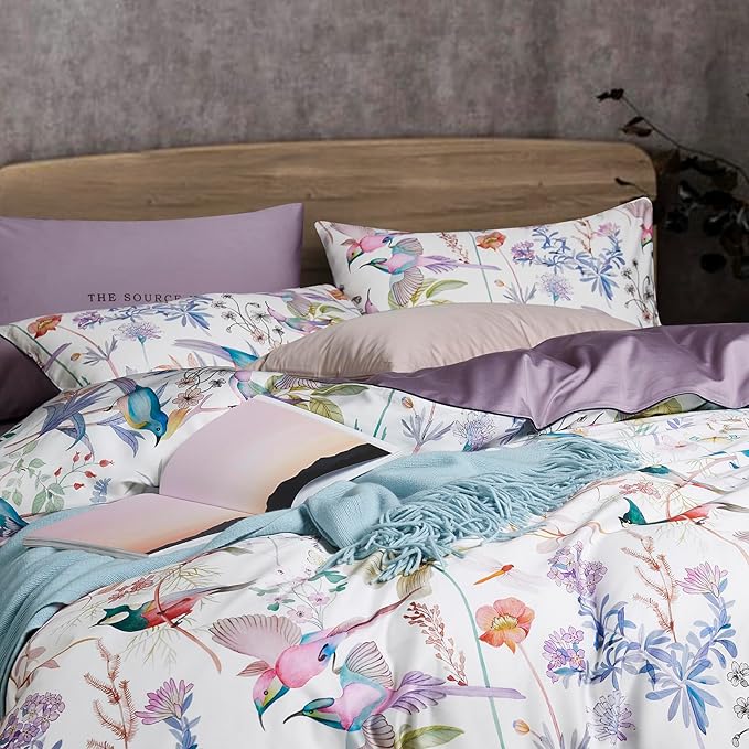 mixinni King Size Duvet Cover Purple Flowers Bird Bedding Sets Shabby Chic Boho - Image 2
