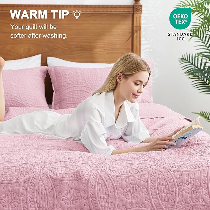 Love's cabin California King Size Quilt Bedding Set Pink Bedspreads - Image 4