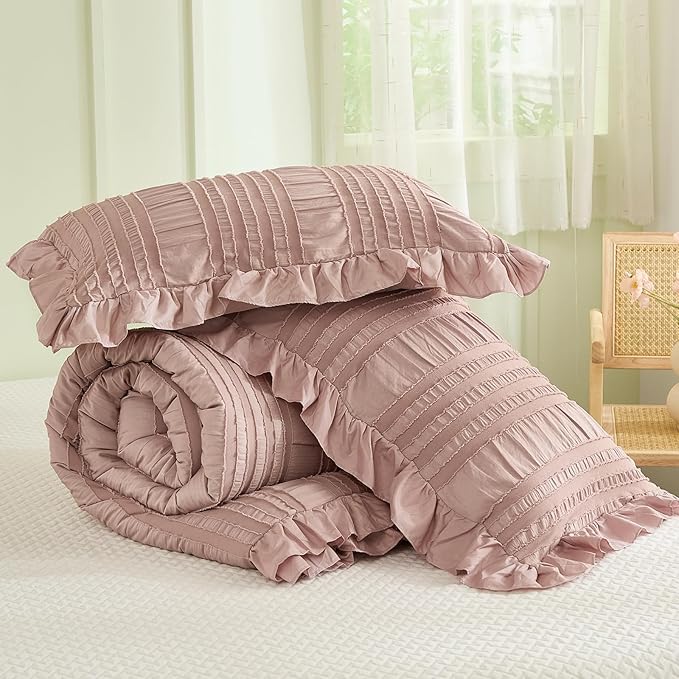 WONGS BEDDING Pink Comforter Set Queen, 3 Pieces Ruffle Farmhouse Shabby Chic - Image 7