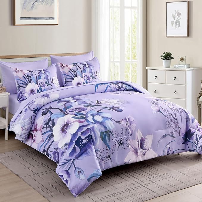 Luxudecor Lavender Purple Floral Comforter Set Queen Size 7 Piece, Flower Bed - Image 2