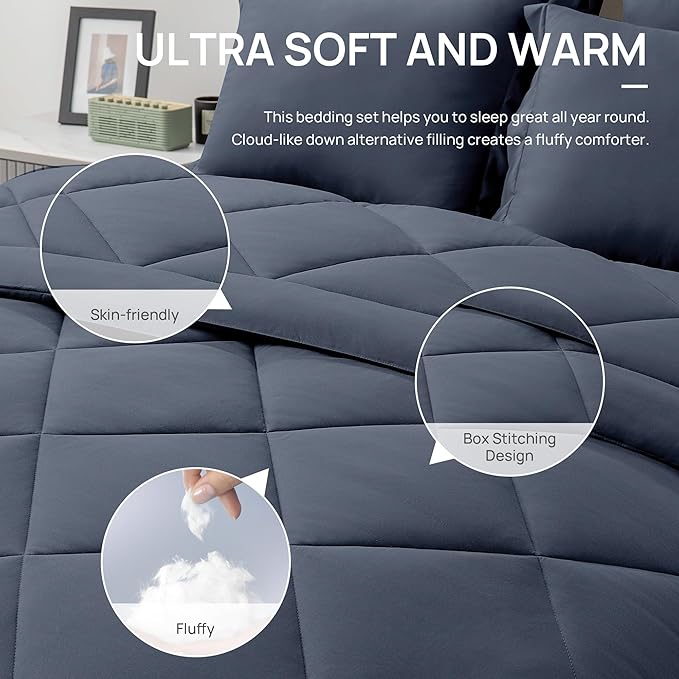 Love's cabin Twin XL Comforter Set Navy Blue, 5 Pieces Twin XL Bed in a Bag - Image 5