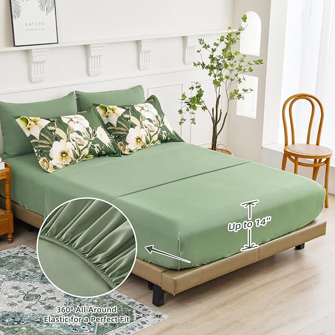 Luxudecor Floral Comforter Set Queen Size 7 Piece, Olive Green Flower Bed in a - Image 4