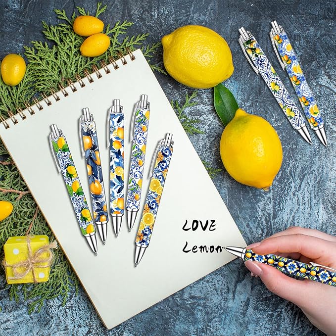 Capri Lemon Pens Set – Mediterranean-Inspired Ballpoint Pens for Girls, Students, and Stationery Lovers – Smooth Writing Pens for School, Journaling, or Gifts – Bright and Elegant Design, 8 Pack-DeskoryOffice