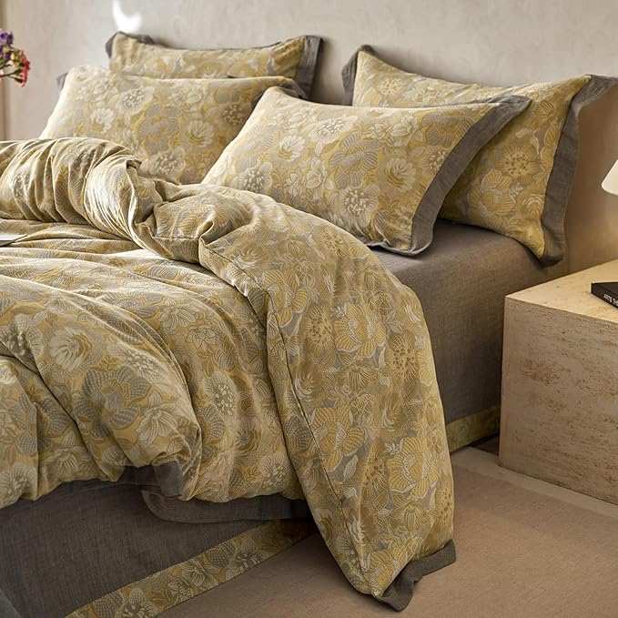 mixinni Duvet Cover King, Premium Cotton Double-Layer Yarn Golden Floral - Image 2