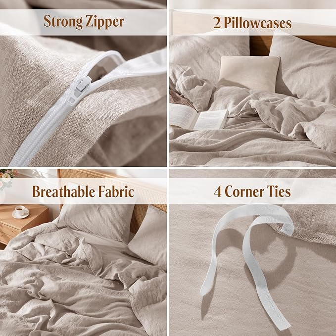 LBRO2M 100% France Linen Duvet Cover Set Cal King Size 3 Pcs Natural Flax - Image 5