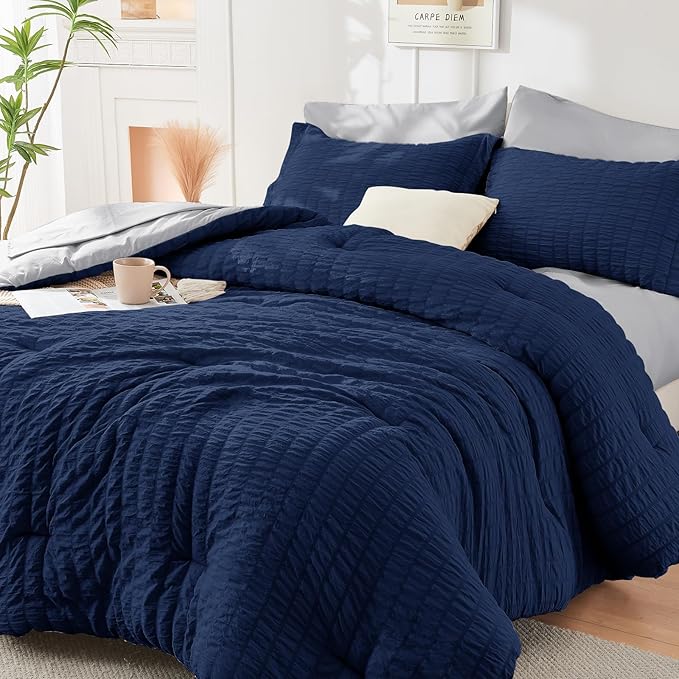 HYMOKEGE Navy Blue/Light Grey California King Comforter Set Seersucker 7 Pieces by HYMOKEGE
