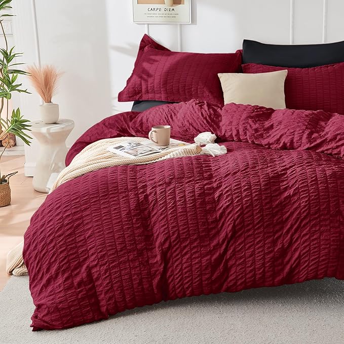 HYMOKEGE Red & Black Queen Comforter Set Seersucker 7 Pieces, All Season Luxury - Image 2