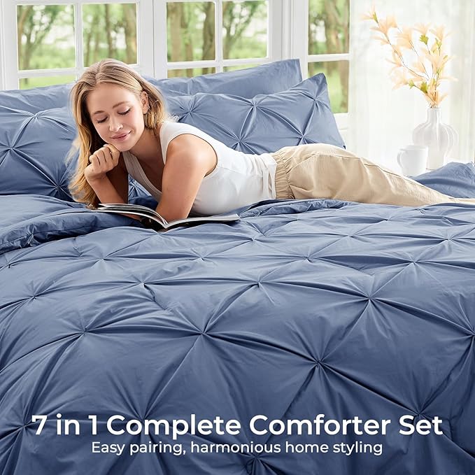 Sasttie King Size Comforter Set, 7-Piece Bed in a Bag, Pintuck Bedding Set - Image 6