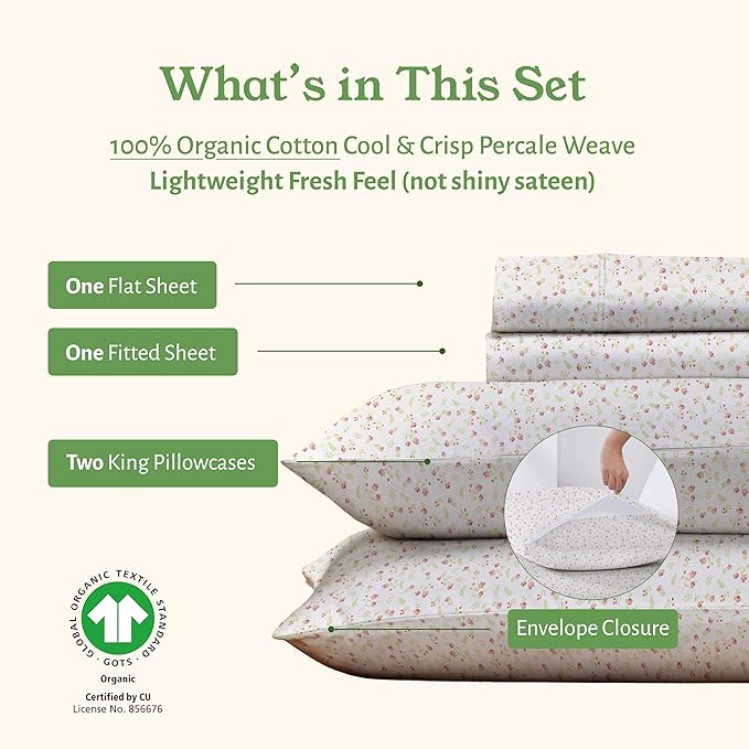 California Design Den Cal King Floral Sheet Set, 100% Organic Cotton Percale - Image 5
