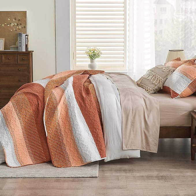 Andency Orange Quilt King, 3 Pieces Patchwork Striped Bedspread Coverlet Set - Image 2