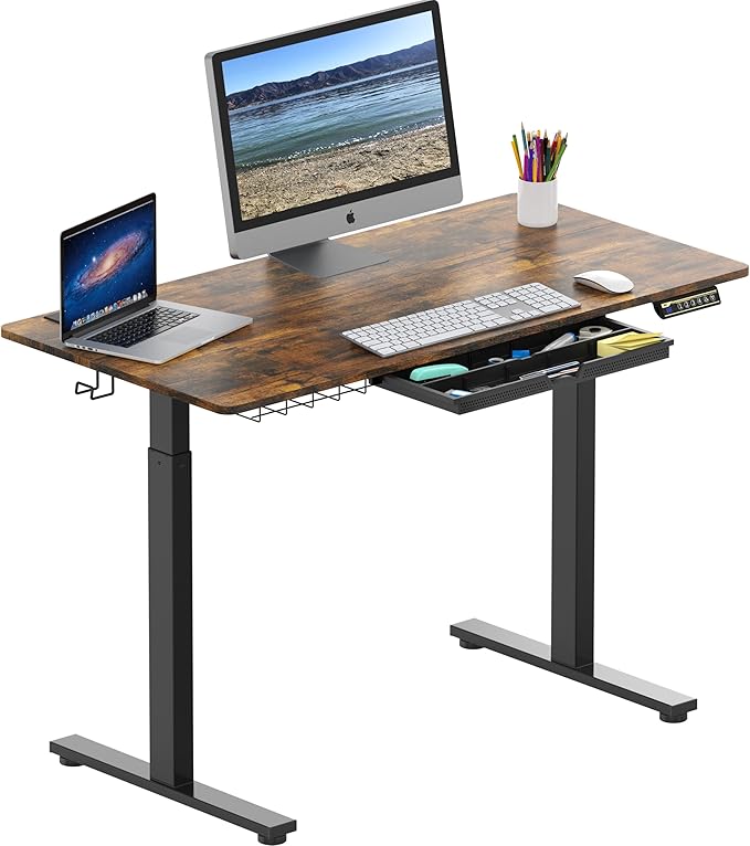 SHW 48-Inch Electric Height Adjustable Standing Desk with Drawer, Memory Preset and Cable Management Tray, Rustic Brown-DeskoryOffice