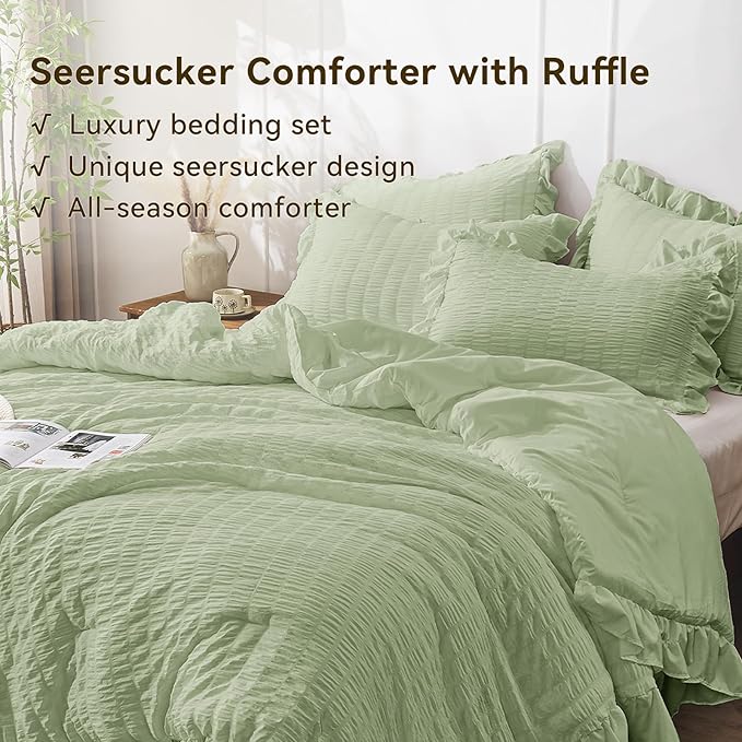 JOLLYVOGUE Sage Green Queen Comforter Set, 3 Pieces Seersucker Comforters Queen - Image 3