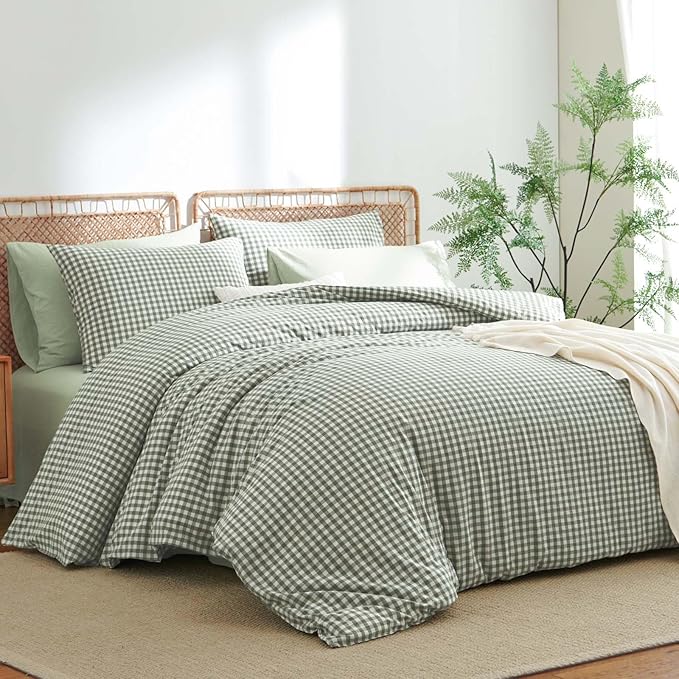 Nayoroom Gingham Duvet Cover King Size 100% Washed Cotton Green Plaid Checkered - Image 3