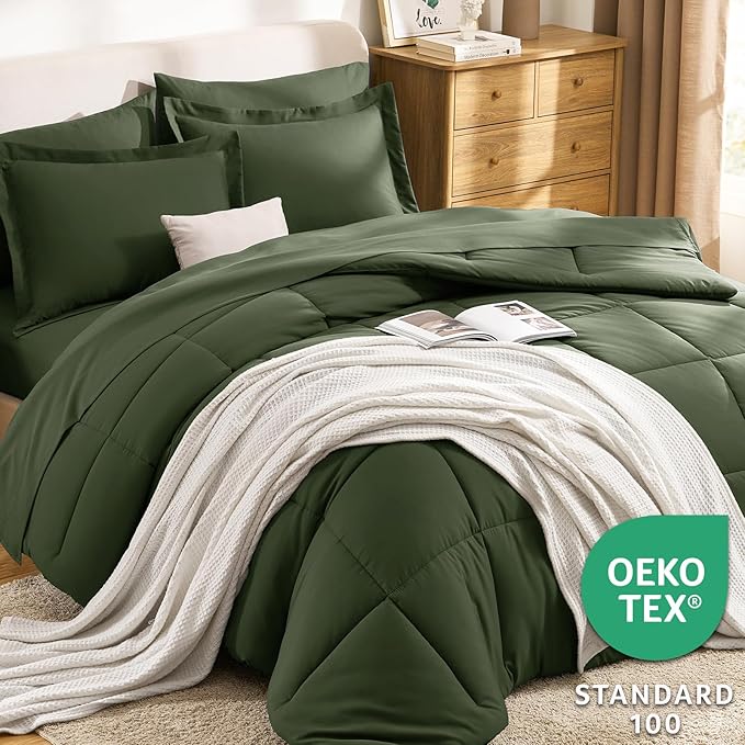 CozyLux Queen Comforter Set Olive Green - Image 3