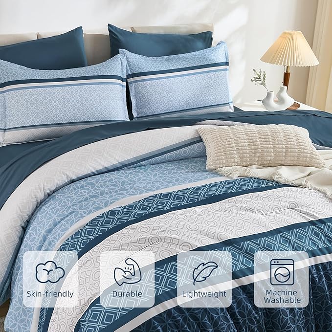 WONGS BEDDING Navy Blue Queen Comforter Set 7 Pieces, Boho Striped Bed in a Bag - Image 4