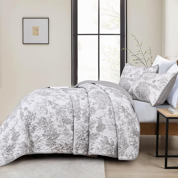 WONGS BEDDING Grey Quilt Set King Size, 3 Pieces Botanical Bedspreads Set - Image 3