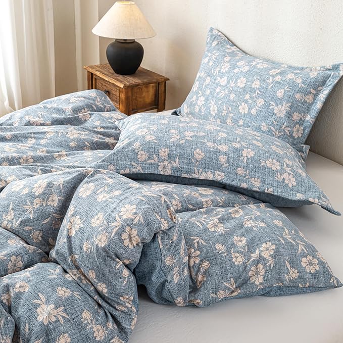 OAITE Blue Flower Twin Size Duvet Cover-3 Pieces Prewashed Cotton-Like - Image 3