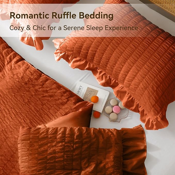 JOLLYVOGUE Burnt Orange Comforter Full Size, 3 Pieces Seersucker Lightweight - Image 5