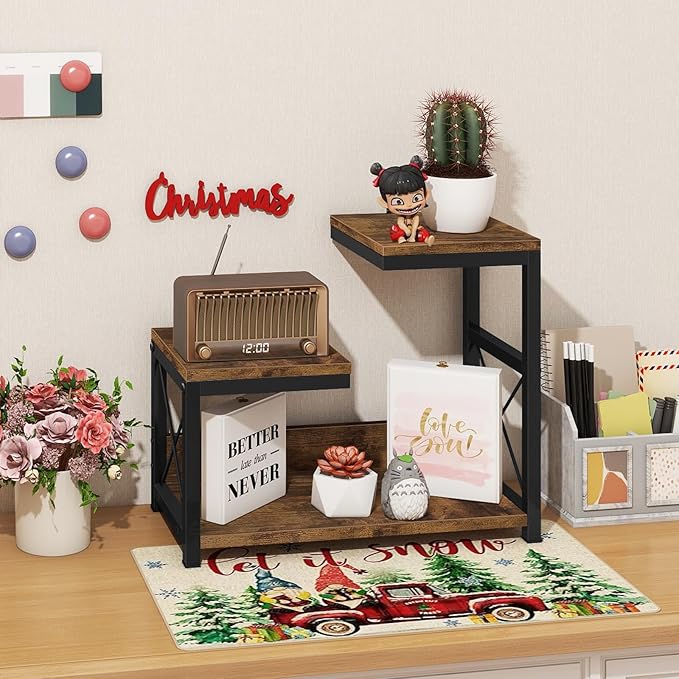 ELITEROO Desktop Shelf Organizer, 3 Tier Office Shelves, Wood Desk Organizers Storage Rack and Freestanding Display Shelf for Office, Dormitory, Home, Rustic Brown-DeskoryOffice