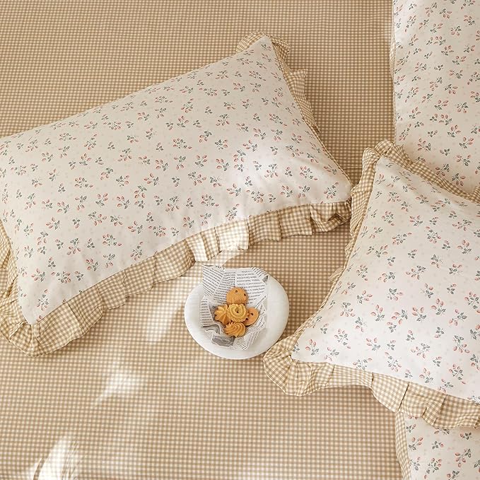 mixinni Beige Floral Duvet Cover King Size, 100% Cotton Cute Strawberry Floral - Image 6