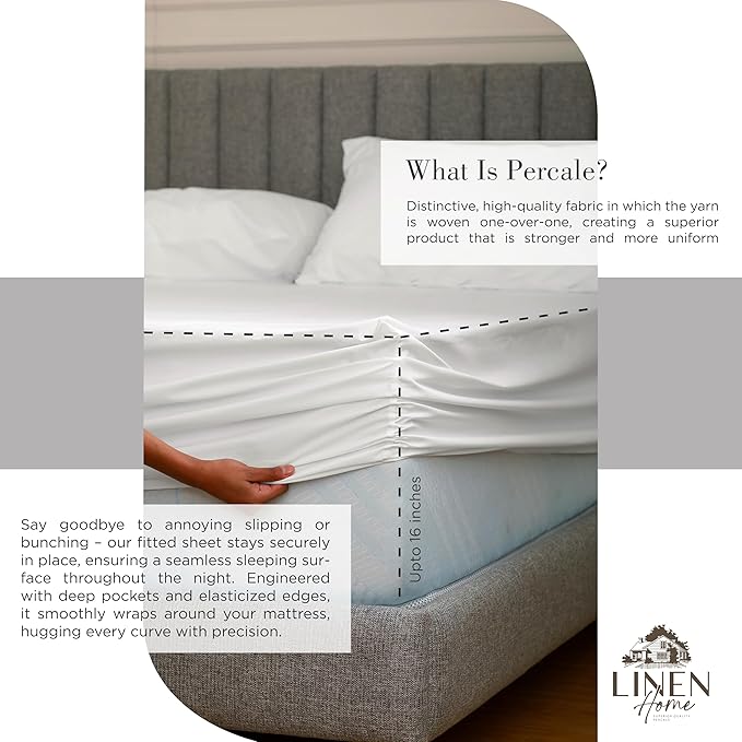 Linen Home 100% Cotton Percale Sheets Queen Size, Snow White, Deep Pocket - Image 4