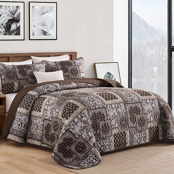 Cottolester Brown Patchwork Quilt Set King Size, 3 Pieces Boho Paisley Quilt Set - Image 2