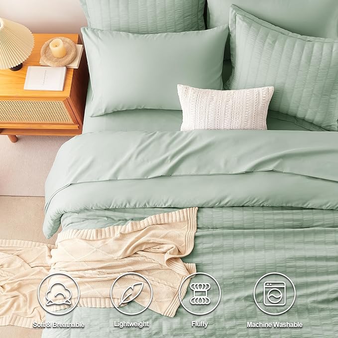 CozyLux Queen Comforter Set Sage Green Seersucker 7 Pieces Bed in a Bag Queen - Image 2