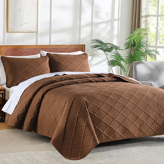 Yiran Brown Quilt Set Queen Size, 3 Piece Reversible Bedspreads Bedding Set - Image 3