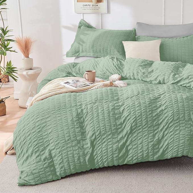 HYMOKEGE Sage Green/Light Grey Full Size Comforter Sets Seersucker 7 Pieces - Image 2