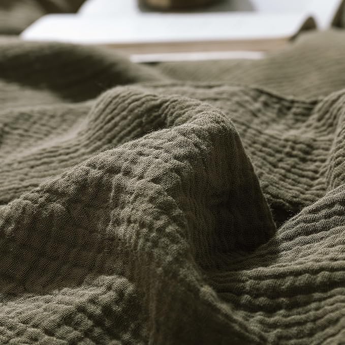 mixinni Olive Green Waffle Weave Duvet Cover Set Queen, 3-Piece 100% Natural - Image 5