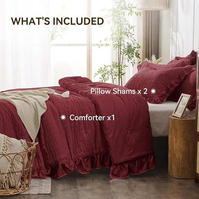 JOLLYVOGUE Queen Comforter Set, 3 Pieces Burgundy Seersucker Comforters Queen - Image 5