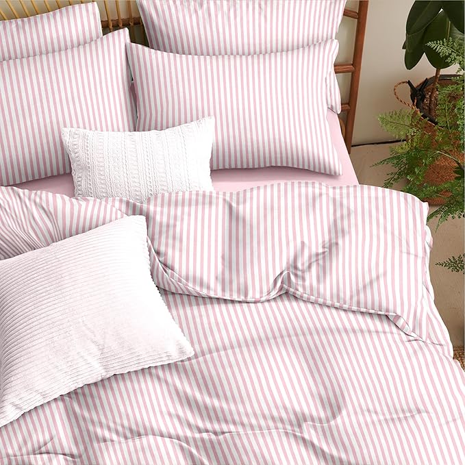 Nayoroom Pink Striped Duvet Cover Twin Size White Stripe Duvet Cover Dorm - Image 3