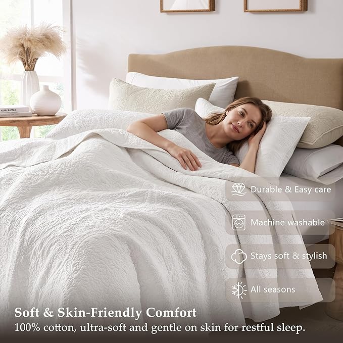 PALASSIO White Paisley 100% Cotton Quilt California Cal King Size Bedding Sets - Image 5