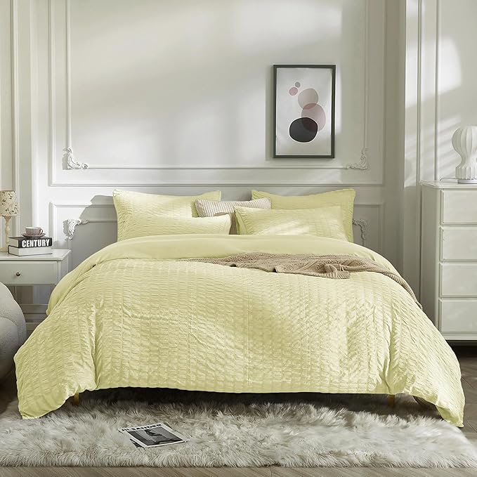 JELLYMONI Light Yellow Duvet Cover Twin Size, Soft Breathable Seersucker Duvet - Image 9
