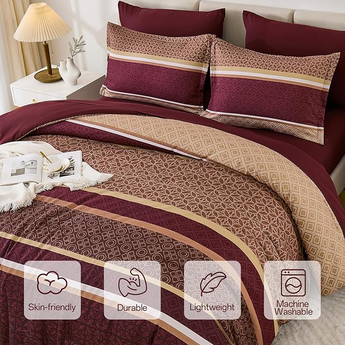 WONGS BEDDING Burgundy Comforter Set King Size, 7 Pieces Maroon Striped Bed in - Image 5