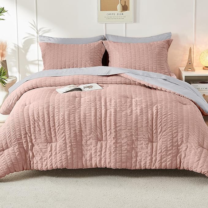 HYMOKEGE Rose Gold/Light Grey Queen Comforter Set Seersucker 7 Pieces, All - Image 9