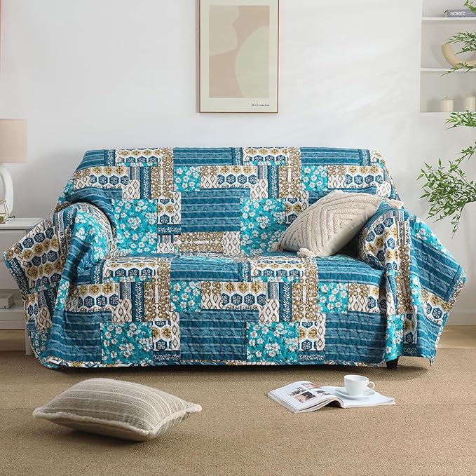 Mybedsoul Dusty Blue Quilt Set Queen Size, 3 Pieces Plaid Floral Bedspread Set - Image 6