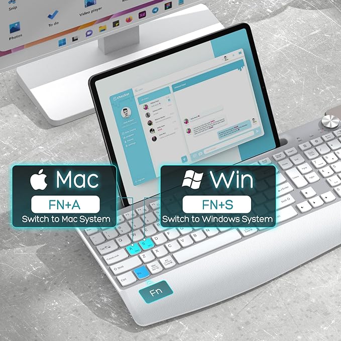 Wireless Keyboard and Mouse - Full-Sized Ergonomic Keyboard with Wrist Rest, Phone Holder, Volume Knob,2.4GHz Silent Cordless Keyboard Mouse Combo for Computer, Laptop, PC, Mac, Windows -White-DeskoryOffice