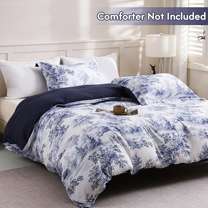 LONAVA Queen Botaincal 3 Pcs Duvet Cover Set, Breathable Soft Microfiber Navy - Image 2
