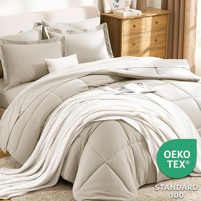 CozyLux Queen Comforter Set Oatmeal - Image 3
