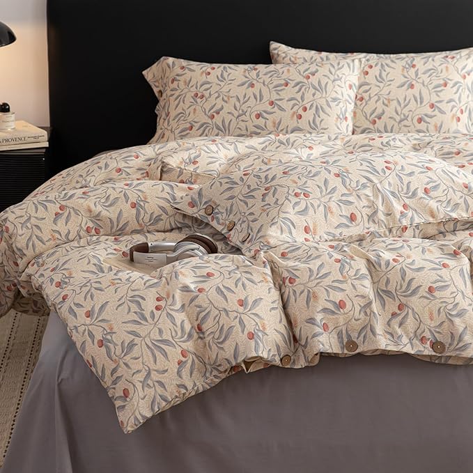 mixinni Cotton Linen Floral Duvet Cover Set, Vintage Botanical Print Comforter by mixinni