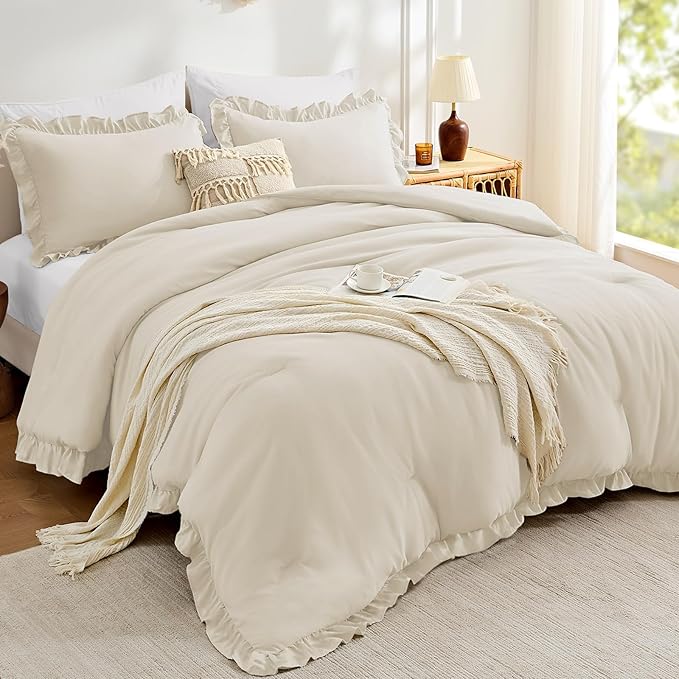 FUANNA Queen Comforter Set Cream White, 3 Pieces Ruffle Queen Bed Set, Fluffy by FUANNA