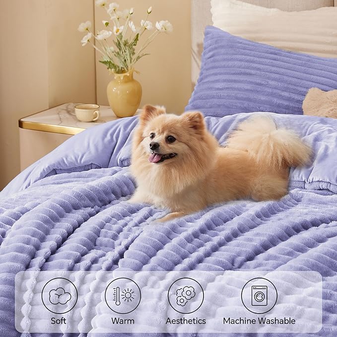 BEDELITE Fleece Queen Comforter Set -Super Soft & Warm Fluffy Lavender Bedding - Image 3