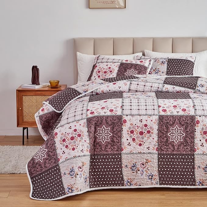 Patchwork Quilt Set Twin Size, 2 Pieces Brown White Floral Plaid Design Summer - Image 3