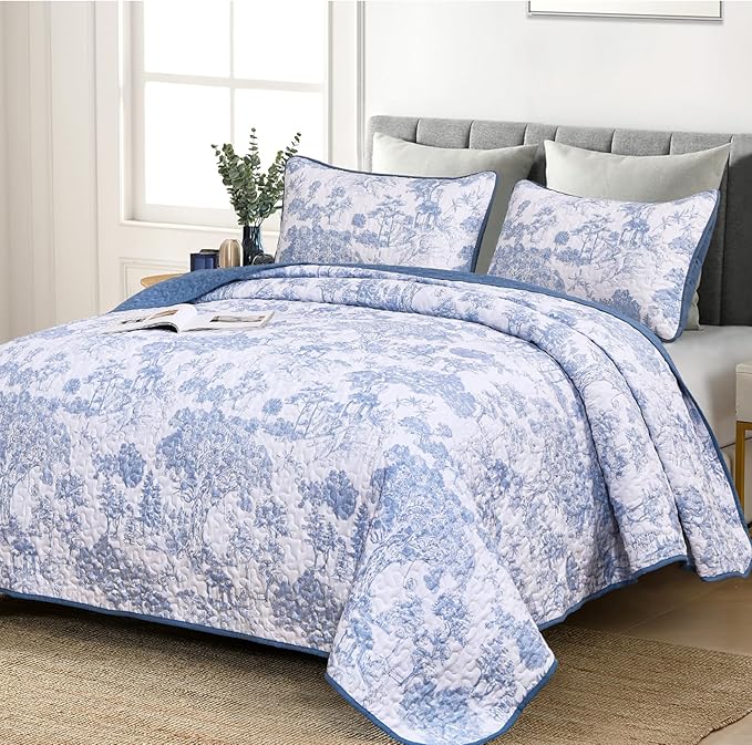 WONGS BEDDING Blue Quilt Set Twin Size, 2 Pieces Botanical Bedspreads Set by WONGSBEDDING