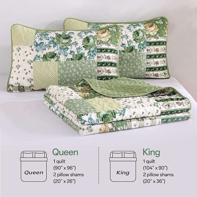 Anibedding Patchwork Quilt Set King Size Sage Green Floral Bedspread Coverlet - Image 8