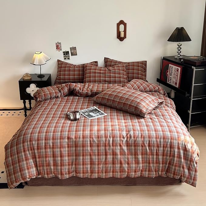 PinkMemory Caramel Blue Gingham Duvet Cover Queen 100% Washed Cotton Buffalo - Image 2