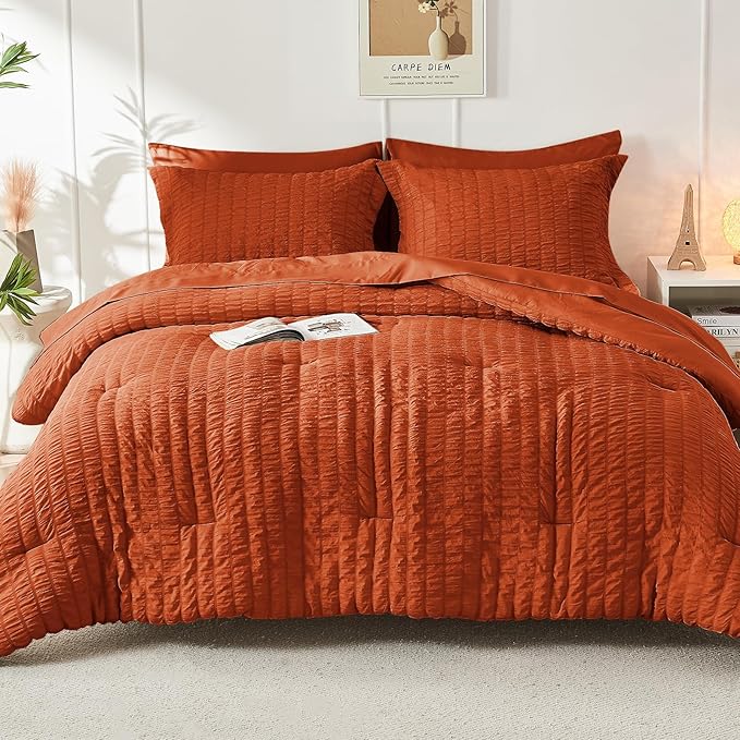 HYMOKEGE Burnt Orange Full Size Comforter Sets Seersucker 7 Pieces, All Season - Image 8